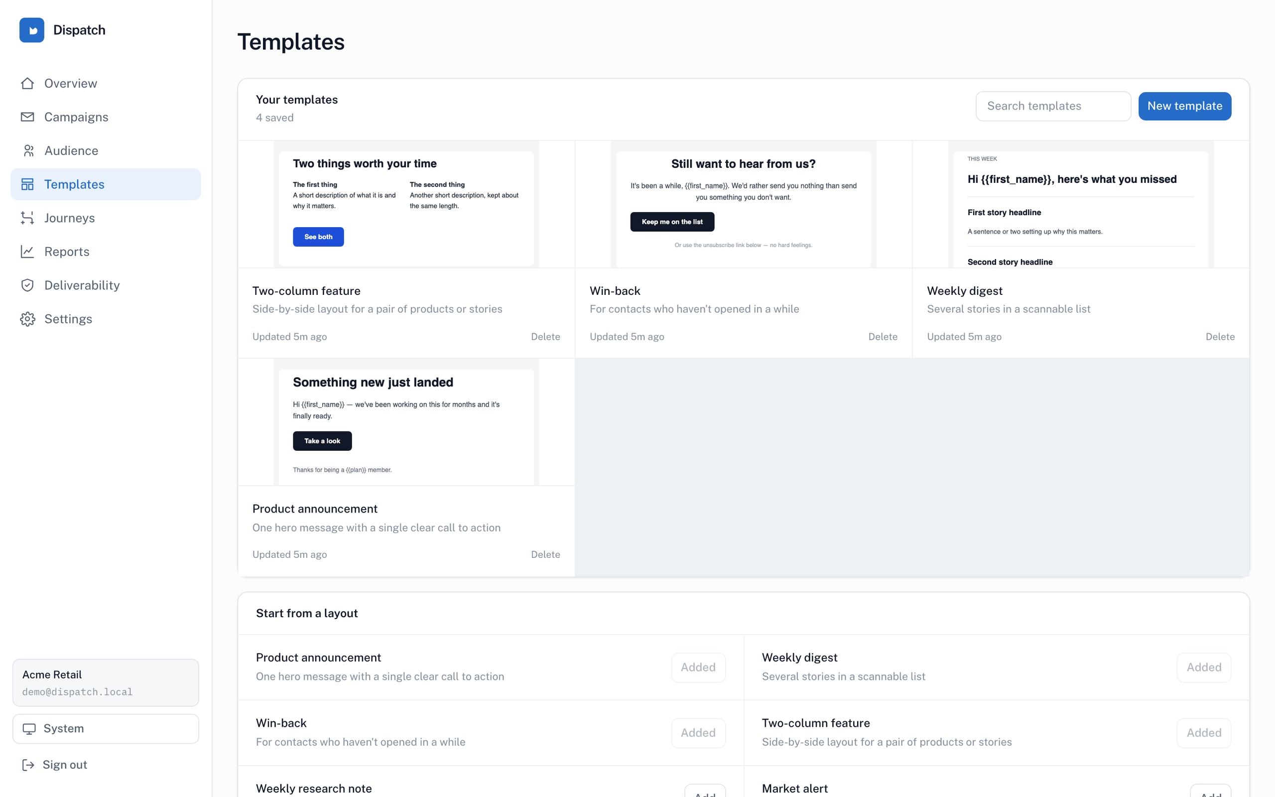 Dispatch template library showing reusable email layouts for a fictional demo account.
